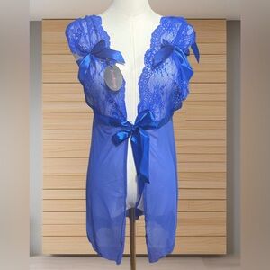 Cobalt Blue Ethereal Sheer Lace Babydoll Bow Romantic Lingerie Set w Thong